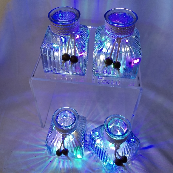 Square Ribbed Glass Bottles with Rainbow Lights - Set of 4 - Picture 3 of 7